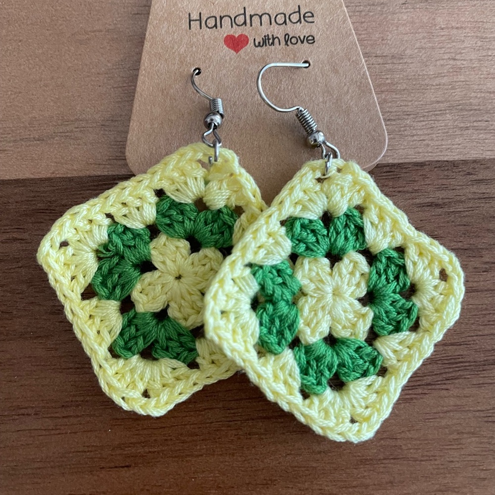 Handmade Crochet Earrings Yellow/Green, Lightweight,Cotton Thread,Granny Square